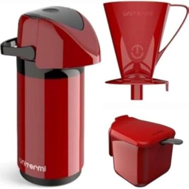 Imagem de Garrafa termica de aco inoxidavel com cafe, acucareiro e filtro, rosa e funcional.