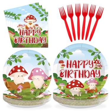 Imagem de Greencian 96 peças de decorações de aniversário de cogumelos descartáveis floresta pratos e guardanapos de papel de festa de fadas conjunto de utensílios de mesa para crianças meninos e meninas