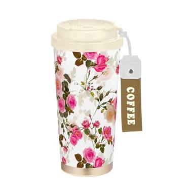 Imagem de TSENQUE Copo de café de viagem de 473 ml com tampa de canudo e filp, copos de parede dupla isolados a vácuo com revestimento cerâmico, estampa floral de rosas brancas e rosa