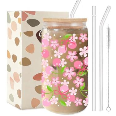 Imagem de TAGDANK Copo de vidro Sweet Cherry Blossom de 473 ml, copo estético floral com tampa de plástico e canudos, copo de café gelado fofo para mulheres, presente romântico de aniversário de primavera para