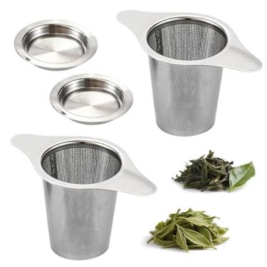 Imagem de 2 peças de coador de malha de infusor de chá de aço inoxidável, coador de chá com alças duplas à prova de calor com tampas para pendurar em bules, canecas, xícaras, malha fina, reutilizável, folha