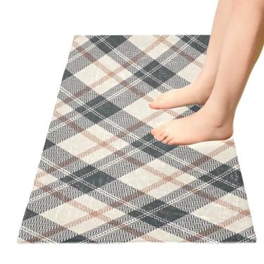 Imagem de TSENQUE Tapete de banho diagonal cinza xadrez bege tapetes de cozinha absorvente tapete de porta frontal lavável antiderrapante tapetes de banheiro para decoração de cozinha de casa, 99 cm x 50 cm