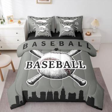 Imagem de Erosebridal Jogo de cama queen com edredom de beisebol, para meninos, softball, 7 peças, esportivo, para quarto de crianças e adolescentes, (Chicago) cinza