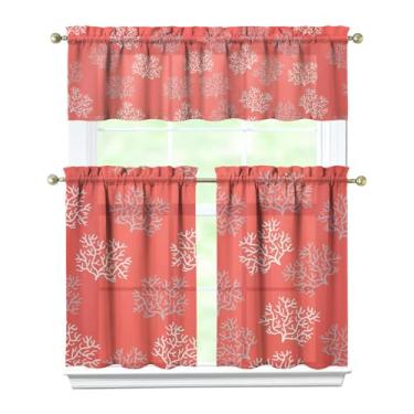 Imagem de Nojuikm Conjunto de 3 peças de cortinas e sanefas de cozinha coral engraçadas para decoração de janela pequena cortinas sobre a pia para cozinha, quarto, lavanderia, decoração de casa 70 x 91 cm