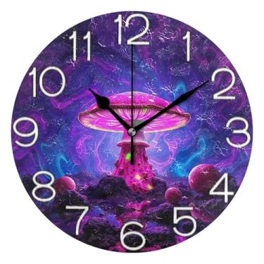 Imagem de GAIGEO Relógio de parede analógico decorativo relógio de cozinha rústico operado por bateria, decoração de parede moderna para sala de estar, cogumelo rosa colorido, 25 cm, ponteiros dourados