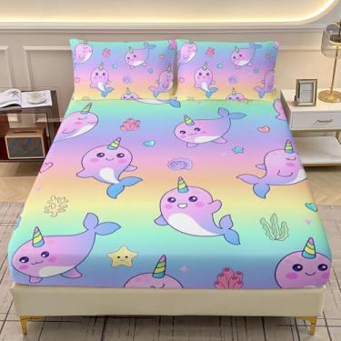 Imagem de AILONEN Jogo de lençol solteiro Kawaii Dolphin, tamanho GG, colorido arco-íris, para meninas, adolescentes e crianças, lençol com elástico engraçado com 2 fronhas, 3 peças