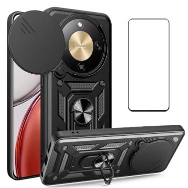 Imagem de CNPUTAO Capa para Honor X9D 5G com protetor de tela de vidro temperado, janela deslizante para câmera, suporte, capa de telefone de camada dupla antiarranhões à prova de choque, preta