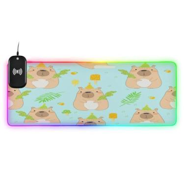 Imagem de CEBUGI Mouse pad de carregamento sem fio padrão Capybaras 15 W rápido para jogos com iluminação LED 14 RGB para jogos, PC, laptop, mesa 90,9 x 39,9 cm