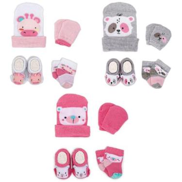Imagem de Kit 3 Touquinhas Meias Luvas e Pantufas Bebê Recém-Nascido Menina Enxo