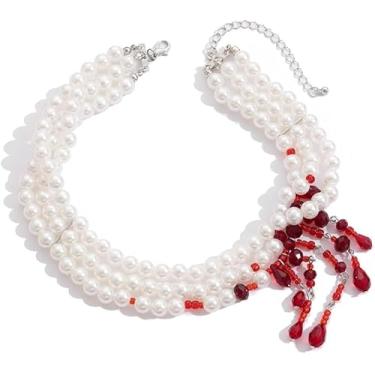 Imagem de Colar gargantilha de pérolas góticas para mulheres, pérolas de rosa sangrentas, borla sangrenta, colar com pingente de cristal em camadas, gargantilha de vampiro, punk, festa de Halloween, acessórios