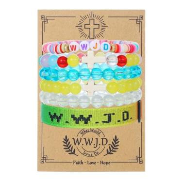 Imagem de Pingyongchang W.W.J.D. Conjunto de pulseiras cruzadas para mulheres, homens, boho, contas de vidro de argila, empilháveis, pulseiras elásticas What Wound Jesus Do Pulseira Christian Religious Faith