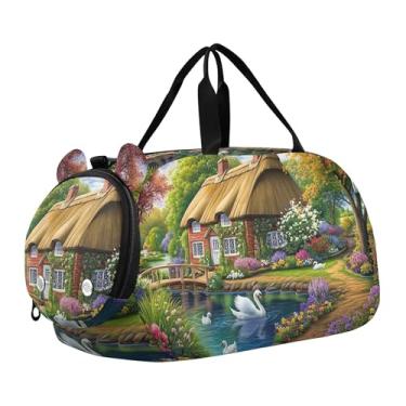 Imagem de Bolsa esportiva para meninos, bolsas noturnas, linha de coração, rosa, dia dos namorados, branca, bolsa de viagem para meninas, compartimento para sapatos, Flores de cisnes de cabana de palha