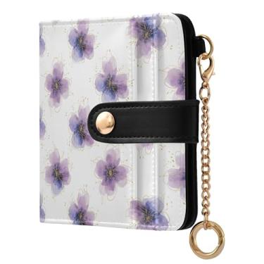Imagem de SEHANY Carteira feminina elegante com flores roxas com bloqueio de RFID, compacto, porta-cartão de crédito de couro PU, dobrável para moedas, carteiras para mulheres e adolescentes