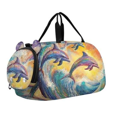 Imagem de Bolsa esportiva mística de gato preto com flores tropicais para meninas, bolsa de viagem noturna, com alça de ombro para meninos, Golfinhos coloridos, ondas oceânicas, Clássico