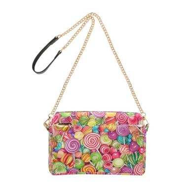Imagem de Joitme Bolsa tiracolo feminina colorida com desenho de pirulito para celular de couro PU com alça de corrente