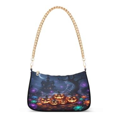 Imagem de Bolsa de ombro com corrente de abóbora brilhante para Halloween, bolsa feminina Hobo moderna para festas e uso diário