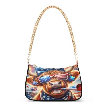 Imagem de Bolsa de ombro Cheerful Highland Cow America, bolsa feminina moderna Hobo Tote com estampa artística, bolsa média para uso diário e festa