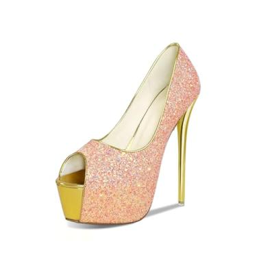 Imagem de Baffoloo Sapatos femininos de salto stilettos peep toe plataforma com glitter, sexy, 15 cm, Dourado, 35