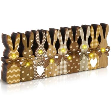 Imagem de Yousoontic Decoração de coelhinho da páscoa centros de mesa decorações de coelho de madeira da Páscoa com luzes LED bloco 3D placa de coelho marrom colheita decoração de casa de fazenda para primavera