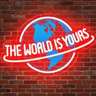 Imagem de Placa de néon The World is Yours, lâmpada de LED neon com planeta vermelho regulável para decoração de parede, alimentação USB para homem, caverna, casa, bar, bistrô, clube, café, casamento, sala de