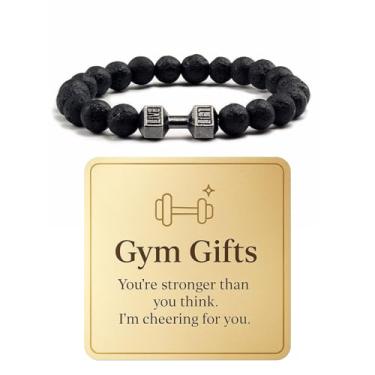 Imagem de Roe Dolph Pulseira masculina de treino com contas pretas com pingente de haltere pesado, presente de treinamento de força para ele, acessório para amantes de academia, Large, Pedra, Sem Pedra Preciosa