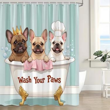 Imagem de LAEDCIITI Cortinas de chuveiro fofas cachorro engraçado lavar suas patas cachorrinho cachorrinho na banheira animal de estimação adorável animal rústico desenho animado azul-petróleo conjunto de