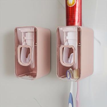 Imagem de Suporte de escova de dentes com 2 compartimentos e dispensador de pasta de dente montado na parede, espremedor automático de pasta de dentes, organizador de pasta de dente 2 em 1 para chuveiro (rosa