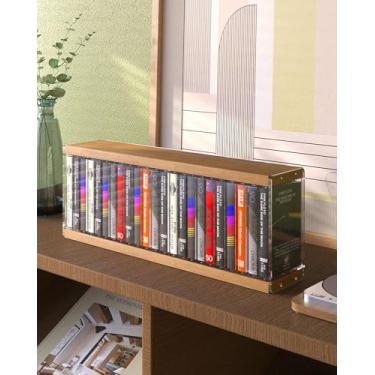 Imagem de AREAJD Organizador de rack de mesa retrô de MDF cor de nogueira para armazenamento de fita cassete, bonito comporta 20 caixas de cassete, suporte de cassete, prateleira de cassete/torre/suporte de