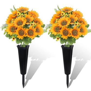 Imagem de QSBOFOST 2 conjuntos de flores artificiais de girassol para decoração de cemitério – buquês de girassol com vasos pesados e pontas de chão – decorações de túmulos à prova de desbotamento, à prova de