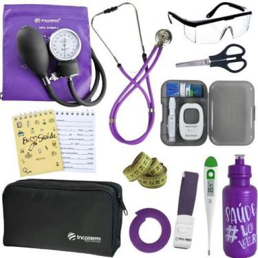 Imagem de Kit Enfermagem Estágio Aparelho Pressão Estetoscópio Medidor Glicose -