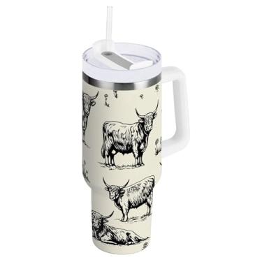 Imagem de SEHANY Copo Highland Cow de 1,134 g com alça, copos isolados de aço inoxidável a vácuo de parede dupla, à prova de vazamento, caneca de café isolada para viagem, cabe no suporte de copo de carro