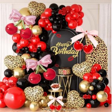 Imagem de Kit de arco de balões de ouro preto vermelho cereja decorações de aniversário com estampa de chita balões de coração e folha de cereja para chá de bebê, aniversário de chita, festa de leopardo, tema