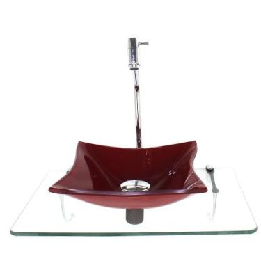 Imagem de Kit cuba de vidro quadrada 10mm vermelho ferrari com tampo 50cm incolo