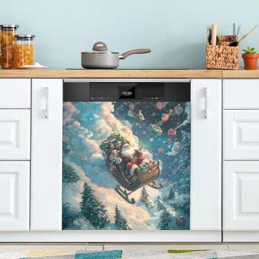Imagem de SEHANY Linda capa magnética de Papai Noel para lava-louças, adesivos magnéticos decorativos antiarranhões para painel de geladeira e lava-louças, decoração de Natal de cozinha doméstica 58 x 66 cm