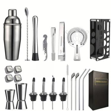 Imagem de Kit 23 Peças Cocktail Bar Utensilios Inox Coqueteleira 750ml Profissional + Suporte Sacador Dosador coqueteleira inox，kit bartender