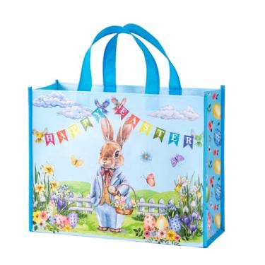 Imagem de WRAPAHOLIC Saco grande reutilizável de presente de Páscoa de 33 cm com alças - Sacos de presente de ovos de coelho azuis para Páscoa feliz, chá de bebê, aniversário de crianças e primavera