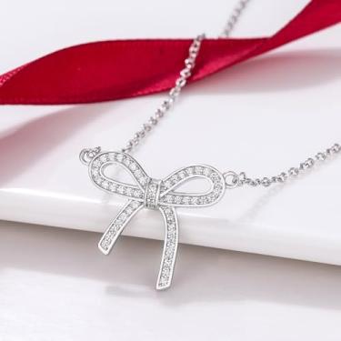 Imagem de Colar feminino banhado a prata com pingente de laço de strass brilhante colar delicado moderno de zircônia cúbica simples e fofa, colar de joia presente para mulheres