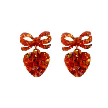 Imagem de Todu Brincos de coração femininos de acrílico com lantejoulas e laço de coração para presente de dia dos namorados, Zinco Acrílico, Sem pedra preciosa