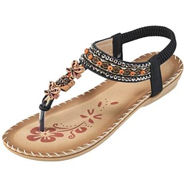 Imagem de Sandália feminina gladiadora de verão com contas boêmias, confortável, aberta nos dedos, elástica, tira no tornozelo, Preto 527, 9