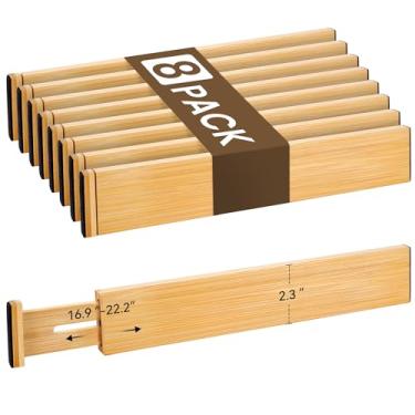 Imagem de Conjunto de 8 divisórias de gaveta de bambu, organizador de gaveta ajustável com mola (43 a 56 cm), 5,8 cm de altura, adequado para cozinha, mesa, banheiro, roupas e diversas organizações de gavetas