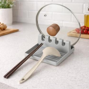 Imagem de Descanso de colher de cozinha de plástico com almofada de gotejamento e suporte de tampa de panela, descanso de vários utensílios para conchas, pinças, espátula de cozinha, utensílio de cozinha (cinza