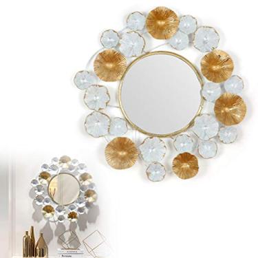 Imagem de Decoração de parede de metal para casa, grandes espelhos decorativos redondos para decoração de parede, espelho de moldura metálica dourada de 61 cm, espelho de parede suspenso com franja de macramê