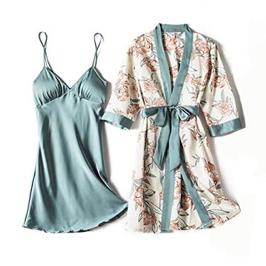 Imagem de HHHJQFAAT Pijama feminino de cetim curto quimono robe pijama vestido lingerie de renda conjunto roupão de banho camisola G preto 4 peças (preto a)