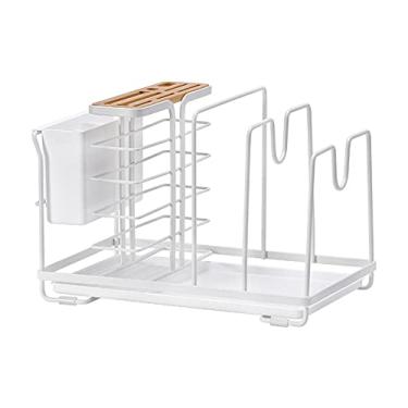 Imagem de U5GAAALPPQ9 Conjunto de escorredor de pratos de cozinha com suporte para utensílios de drenagem, bandeja de gotejamento removível, cesta de armazenamento de prateleira essencial na cozinha A branca