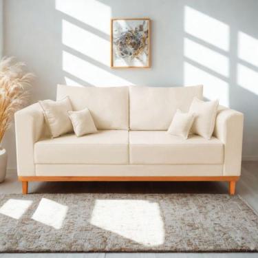 Imagem de Sofá Viena Beny 3 Lugares Com Base de Madeira Suede Bege - Madeira Dec