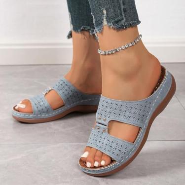 Imagem de Sandálias femininas de salto baixo com salto baixo elegantes confortáveis para caminhada casual plataforma plataforma sapatos de verão, Azul, 38