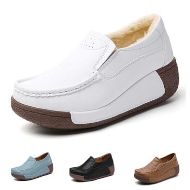 Imagem de Mocassim feminino plataforma sem cadarço moderno, leve, confortável, respirável, bico redondo, plataforma baixa, Forro de pelúcia branco, 40