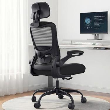 Imagem de Zeonsit Cadeira de escritório ergonômica, cadeira de mesa de malha com encosto alto com suporte lombar ajustável e encosto de cabeça, apoio de braço flip-up, cadeiras de tarefas de computador para