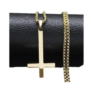 Imagem de Colar De Aço Inoxidável Preto Com Cruz Invertida Para Bruxaria E Pagão