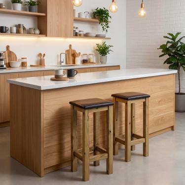 Imagem de Kit 2 Banquetas Altas De Madeira Maciça Reforçada Imbuia Com Estofado Corano Preto Imbuia C-estofado Corano Preto